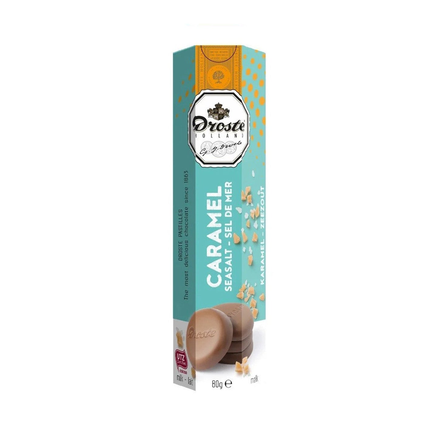 Droste Pastilles Melk Caramel Zeezout Koker (85 Gram) - van Droste - Nu voor maar €1.49 bij Mijn Snoepgoed