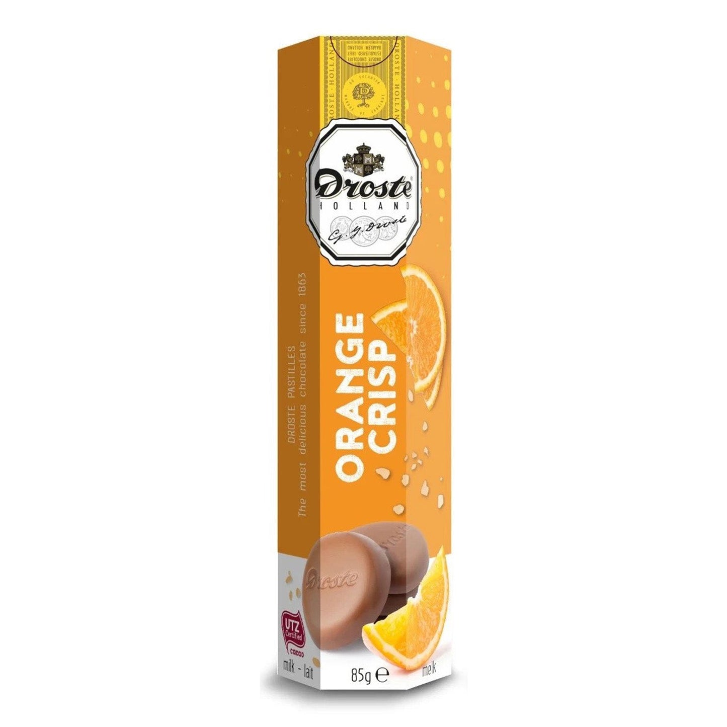 Droste Pastilles Melk Orange Crisp Koker (85 Gram) - van Droste - Nu voor maar €1.49 bij Mijn Snoepgoed